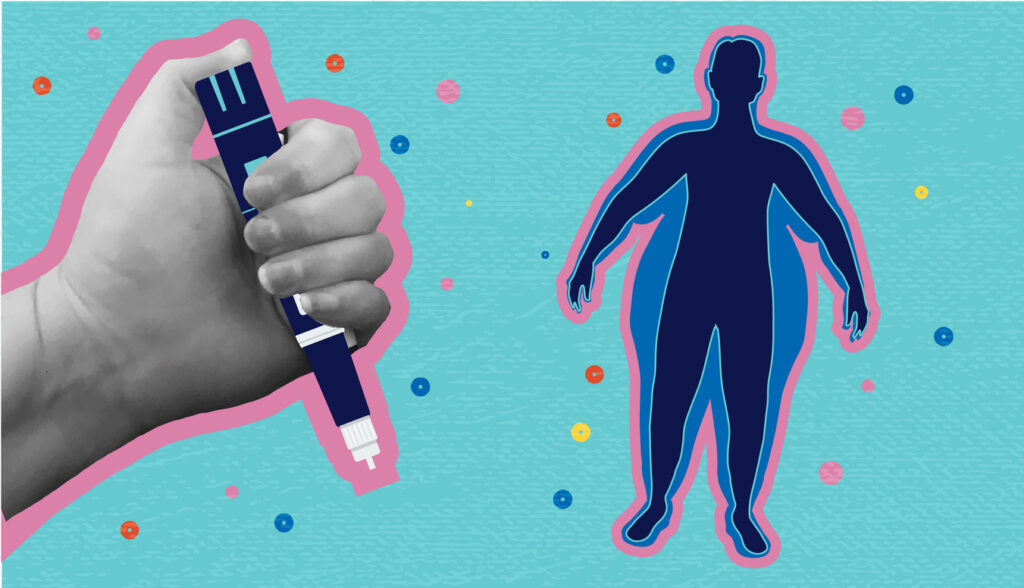 Vector illustration of Collage style hand holding semaglutide Injection Pen weight loss health concept with silhouette of obese person losing weight and vibrant colors. Therapy for weight loss and diabetes. Includes editable vector eps and high resolution jpg.